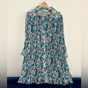 Ganni Pleated Georgette Long Sleeve Mini Dress in Floral Azure Blue